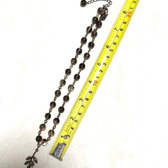 Natural Smoky Quartz Short Necklace, Genuine Gemstone + Cute Bronze Leaf Branch - Picture 12 of 14